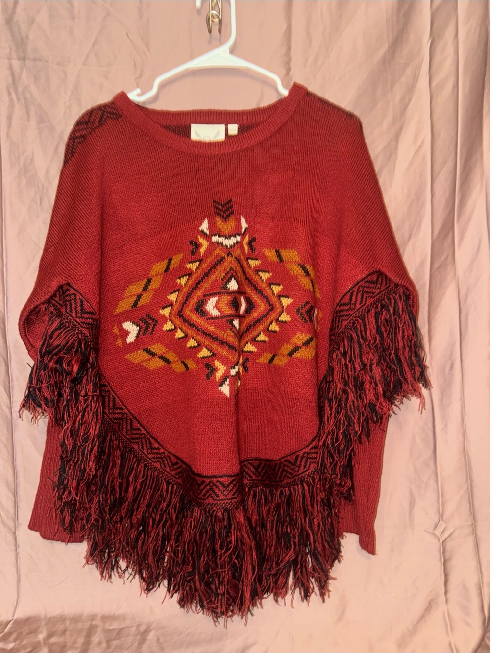 Women's Red Aztec Fringe Poncho Sweater